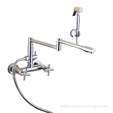 Kitchen faucet with shattaf sprayer commercial wall mount folding